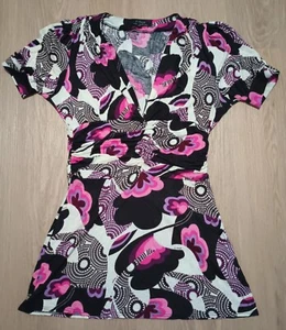 T BAGS Los Angeles Stretchy Logo Print Retro 60s Psychedelic Tunic Mini Dress M - Picture 1 of 8
