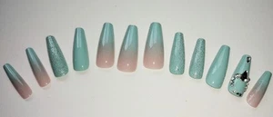 Press On Nails Mint Long Coffin - Picture 1 of 1