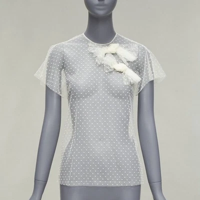 RED VALENTINO Crema Lunares Encaje Asimétrico Arco Cuello Transparente Top IT38 XS Foto 1 de 4