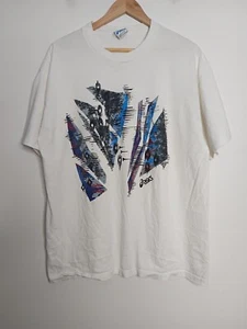 Vintage ASICS Shirt Mens XL Extra Large White Blue 90s Splatter Graphic Logo - Picture 1 of 16
