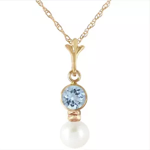 14K. SOLID GOLD NECKLACE WITH AQUAMARINE & PEARL (Yellow Gold) - Picture 1 of 6
