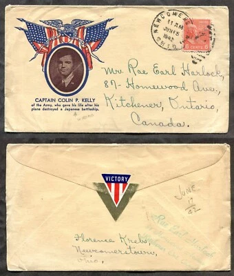 Cubierta NEWCOMERSTOWN OH 1942 a Canadá. Colin Kelly. Etiqueta patriótica Foto 1 de 3