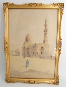 VERY FINE ORIENTALIST WATERCOLOR ANTIQUE WITH ARABS & MOSQUE - Picture 1 of 12