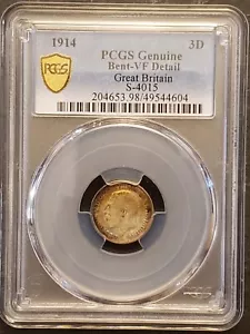 1914 Great Britain Silver 3D S-4015 PCGS VF Bent 4604 - Picture 1 of 4