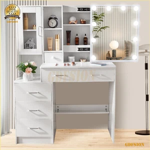 Large Dressing Table With LED Makeup Mirror and Cabinet 8 Shelves Vanity Desk AU - Picture 1 of 10
