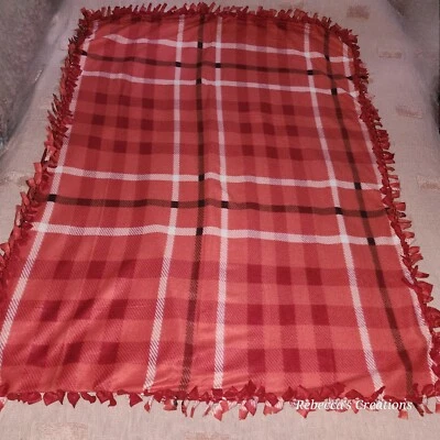 Red White Plaid WARM HANDMADE 2 layer tie blanket/throw 48"× 62" - Image 1 of 4