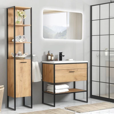 Badezimmer Badmöbelset Industrial Eiche schwarz mit Waschbecken und LED Spiegel  - Bild 1 von 4