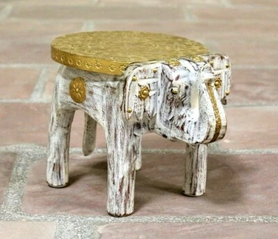 Small Rustic Wooden Elephant Stool with Brass Accents | Handmade Home Decor  - Image 1 of 4