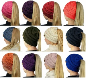CC Ponytail Beanie Hat Soft Stretch Cable Knit High Bun Ponytail C.C Beanie US - Picture 1 of 13