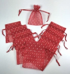 Drawstring Pouch Red - White Dots Party Wedding Gift Bag 3" x 4" Nylon Pkg of 10 - Picture 1 of 4