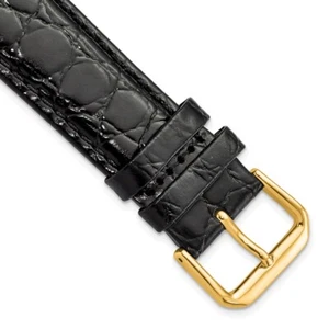 20mm 7.5" Black Alligator-Style Grain Leather Gold-tone Buckle Watch Band - Picture 1 of 5