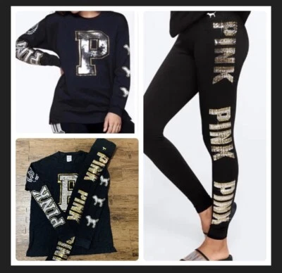 PINK VICTORIA’S SECRET GOLD PUPPY TSHIRT / BLING LEGGINGS S READ DESCRIPTION - Image 1 of 4