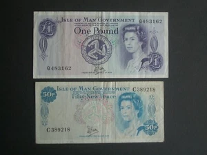 ** 2 Rellenos de Álbum ** Billetes de Dawson de la década de 1980 de la Isla de Man £1/50p** - Imagen 1 de 12