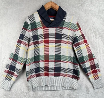 Nautica Plaid Shawl Neck Sweater Men's Medium 100% Cotton Multicolor Preppy - Image 1 of 4