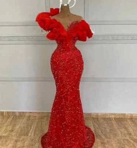 Red African Aso Ebi Evening Dresses  Sheer Lace Pearls Luxury Formal Party Gown - Picture 1 of 5