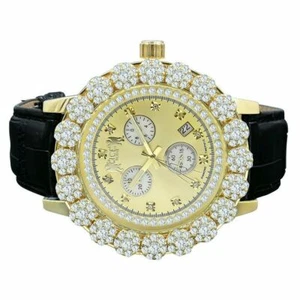 Real Diamonds Dial Genuine Black Leather Strap Watch Gold Finish Khronos W/Date - Picture 1 of 2