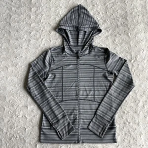 Activewear Jacket Girls XL Gray White Striped Full Zip Hooded Thumb Holes Zella - Picture 1 of 5