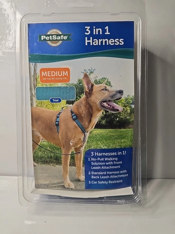 PetSafe 3 in 1 Dog Harness-MEDIUM-Teal-No Pull Design-Car Restraint-Reflective - Image 1 of 4