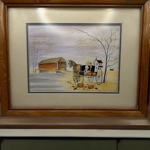 RETRO Autumn Print By John Matassa Matted &Framed Horse Buggy Bridge Amish - Picture 1 of 13