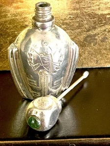 Antiker Sterling geätzter Design Mini Parfüm Flakon grüner Stein gekrönt Dauber - Bild 1 von 12
