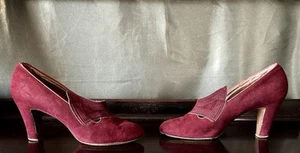 Vintage 1940s Burgundy Suede Heels Shoes Art Deco Geometric Pin Up Size 6 A - Picture 1 of 10