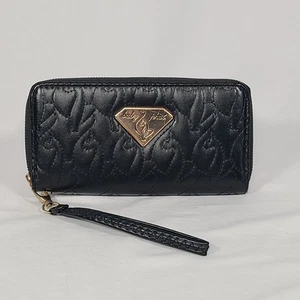 Baby Phat Black Quilted Gold Tone Cat Logo Zip Wallet Wristlet - Picture 1 of 4
