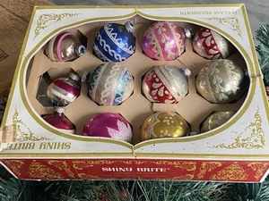 Vintage 12 Shiny Brite Christmas Ornaments Glitter Stripe Dot Swirl  Box - Picture 1 of 22