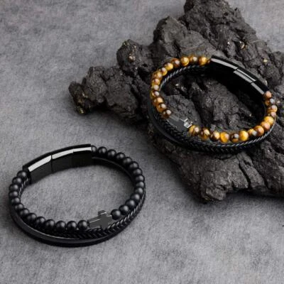 Pulsera de cuero trenzada para hombre ojo de tigre piedra obsidiana titanio acero cruz Foto 1 de 4