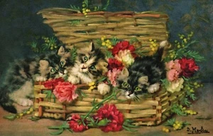 Playful Ornery Kittens in Carnation Flower Basket Victorian Postcard Merlin A834 - Picture 1 of 2