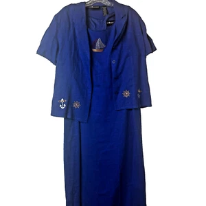 Sag Harbor dress jacket sz 14 blue linen blend maxi sleeveles sailboat nautical - Picture 1 of 9