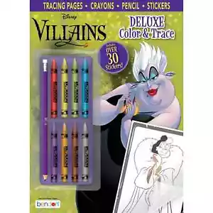 Disney Villains Deluxe Color and Trace Coloring Book w/ Pencil & Crayons NEW E13 - Picture 1 of 3