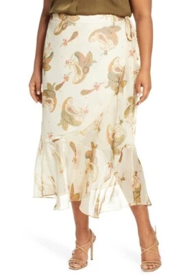 Falda VINCE CAMUTO Crema Paisley Especias Volantes Lateral Corbata Alta/Baja Gasa 20W 2X Foto 1 de 4