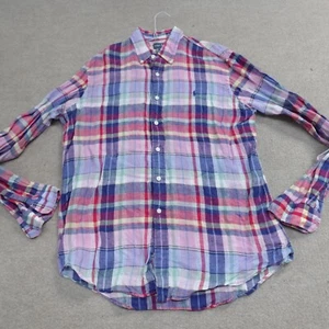 Polo Ralph Lauren Shirt Large Blue Plaid Custom Fit Linen - Picture 1 of 6