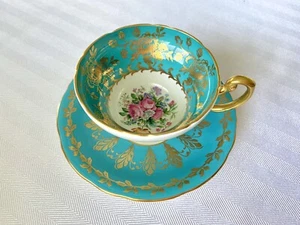 Vintage EB Foley Floral Teal Blue with Gold Bone China Tea Cup And Saucer - Picture 1 of 8