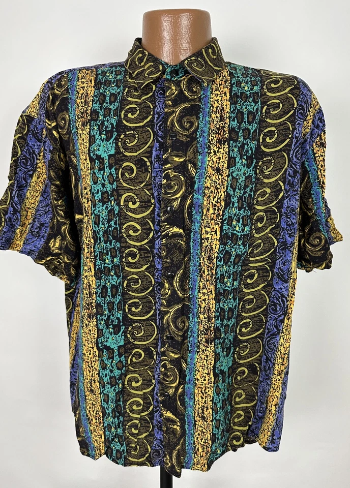 Vintage Tulliano Shirt Men M Colorful Geometric Tribal Hawaiian Hipster Rayon - Image 1 of 4