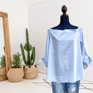 HALOGEN Women’s XL Striped Tie 3/4 Sleeve Off Shoulder Blouse Light Blue White - Picture 1 of 8