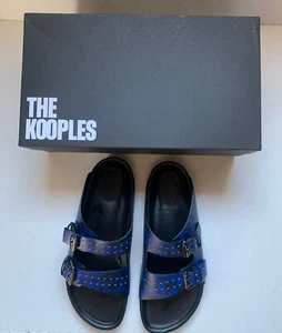 The Kooples Men's Sz FR 42 US 8 Blue Leopard Print Leather Buckle Sandals - Picture 1 of 8
