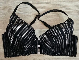 Victorias Secret 34D Lined Plunge Bra Underwire Pink Black Lace New  - Picture 1 of 9
