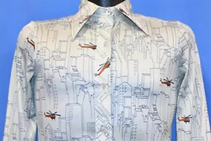 CAMISA DISCOTECA DE COLECCIÓN AÑOS 70 COPPERFIELD CITY SKYLINE HELICÓPTERO POLI PLATA PARA HOMBRE M - Imagen 1 de 4