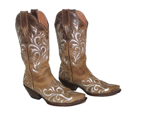 STETSON Womens Cowgirl Boots Sz 6.5 B Brown Laser Cut Leather Silver Metallic - Picture 1 of 13