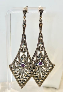 Stunning Vintage Art Deco Style Sterling Silver Marcasite Amethyst Drop Earrings - Picture 1 of 17