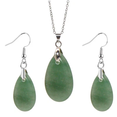 Natural Green Aventurine Teardrop Pendant Necklace Earrings Set Silver Chain 18" - Image 1 of 4