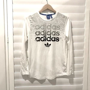 ADIDAS Girls Youth Size L White Black Graphic Logo Long Sleeve Shirt Reflective - Picture 1 of 7