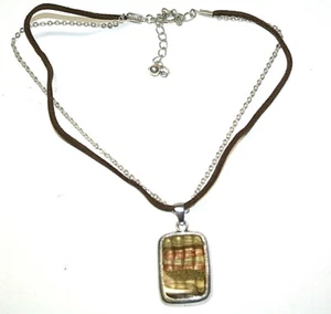 KC Kenneth Cole Double Necklace Brown Cord Silver Toned Chain Orange Pendant - Picture 1 of 5