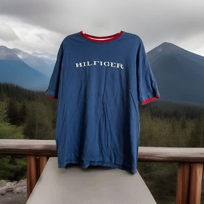 Camiseta vintage Tommy Hilfiger para hombre azul manga corta blanca bordada grande Foto 1 de 4