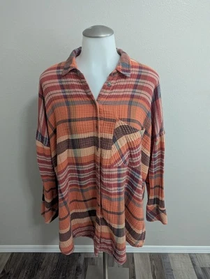 Blusa xadrez Free People laranja o ano todo tamanho grande oversized - Imagem 1 de 4