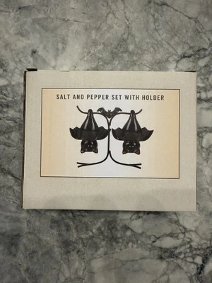 Awesome Cracker Barrel Halloween Salt & Pepper Shaker Set Hanging Bats 3pc Set - Image 1 of 3