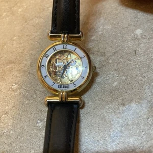 Vintage GITANO Visible Gear Watch Black Leather Band Skeleton New Battery Works - Picture 1 of 11