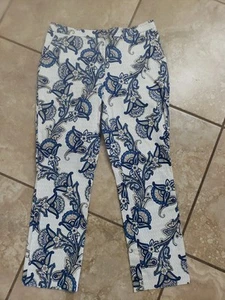 Tommy Hilfiger Pants Womens 6 Cropped Boho Paisley White Blue Capri Stretch - Picture 1 of 5