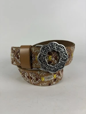 LUCKY BRAND Mujer Talla S Cinturón Cuero Marrón Bordado Floral Boho Latón Hebilla Foto 1 de 4